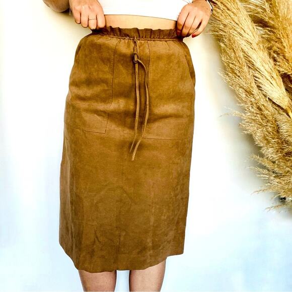 VINTAGE Brown Tan Suede Leather Paperbag Tie Waist Pockets Midi Knee Skirt S - Picture 1 of 9